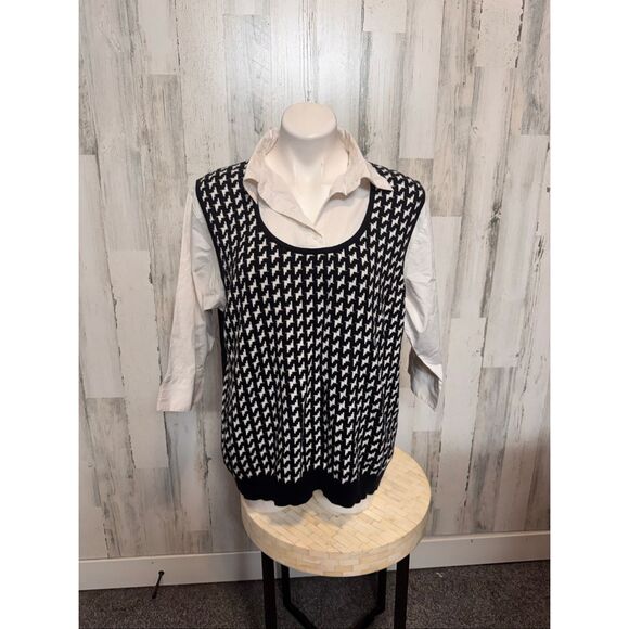 Covington Tops - Covington Woman 2-in-1 Mock Sweater Vest Shirt Womens 16-18W Black White Houndst